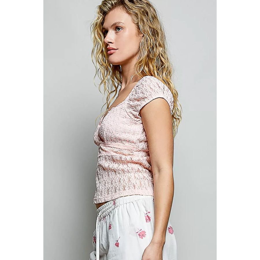 POL Sweetheart Neck Lace Short Sleeve Top Apparel and Accessories