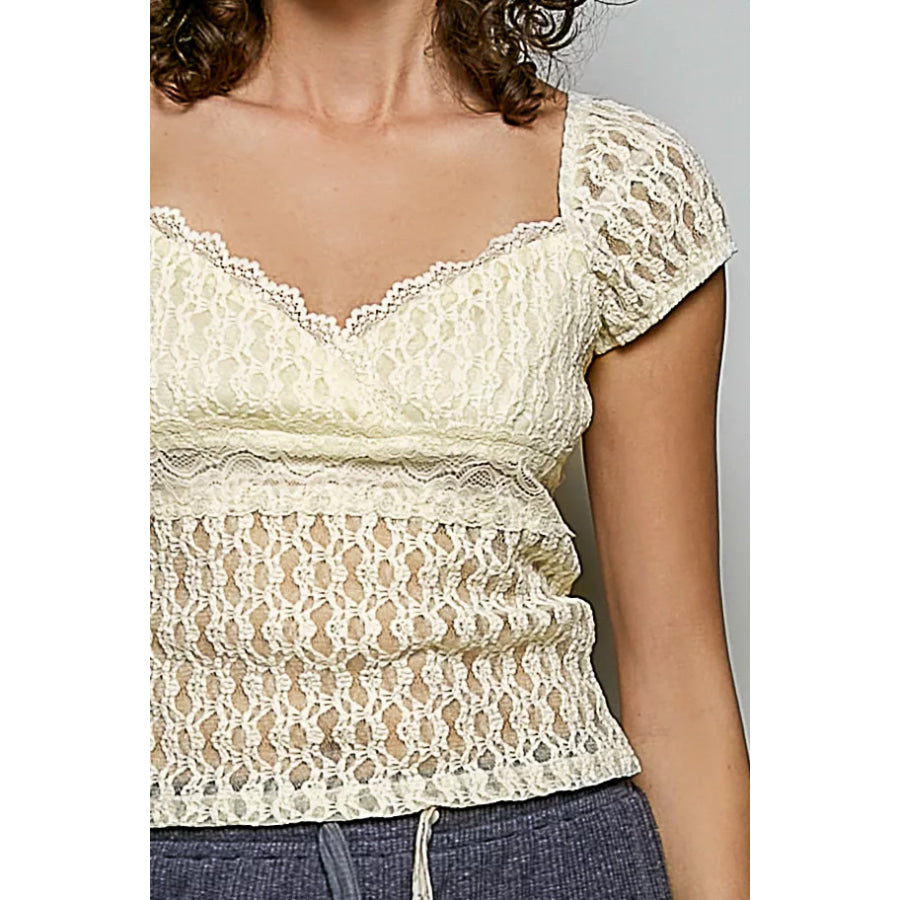 POL Sweetheart Neck Lace Short Sleeve Top Apparel and Accessories