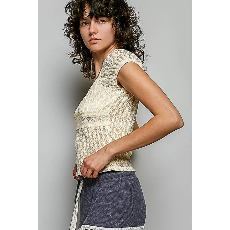 POL Sweetheart Neck Lace Short Sleeve Top Apparel and Accessories