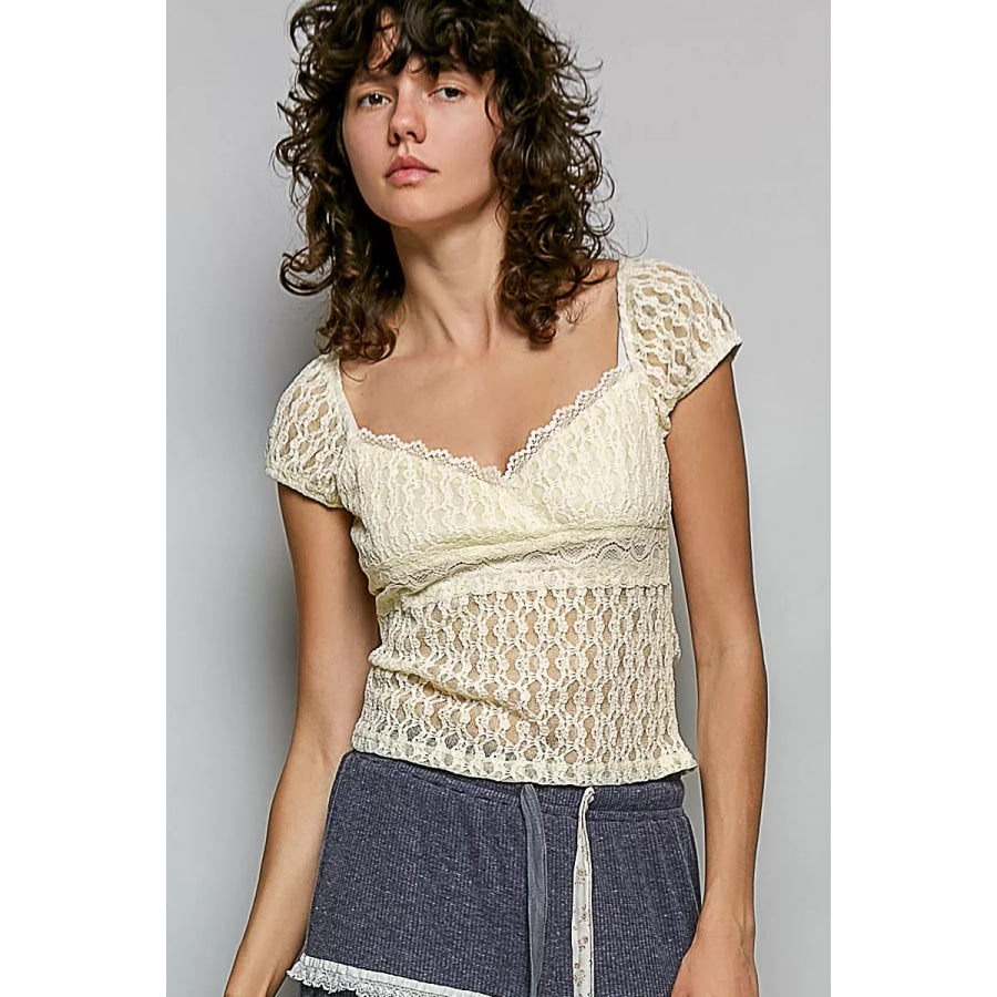 POL Sweetheart Neck Lace Short Sleeve Top Apparel and Accessories
