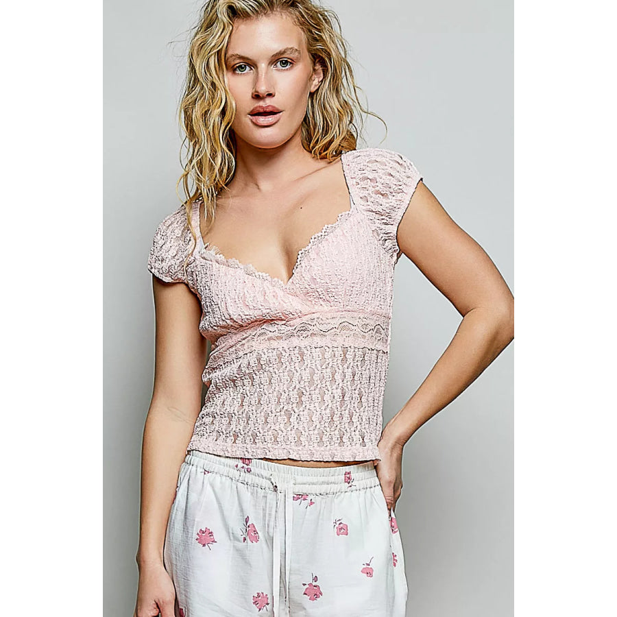 POL Sweetheart Neck Lace Short Sleeve Top Apparel and Accessories