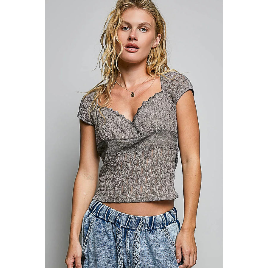 POL Sweetheart Neck Lace Short Sleeve Top GREY / S Apparel and Accessories