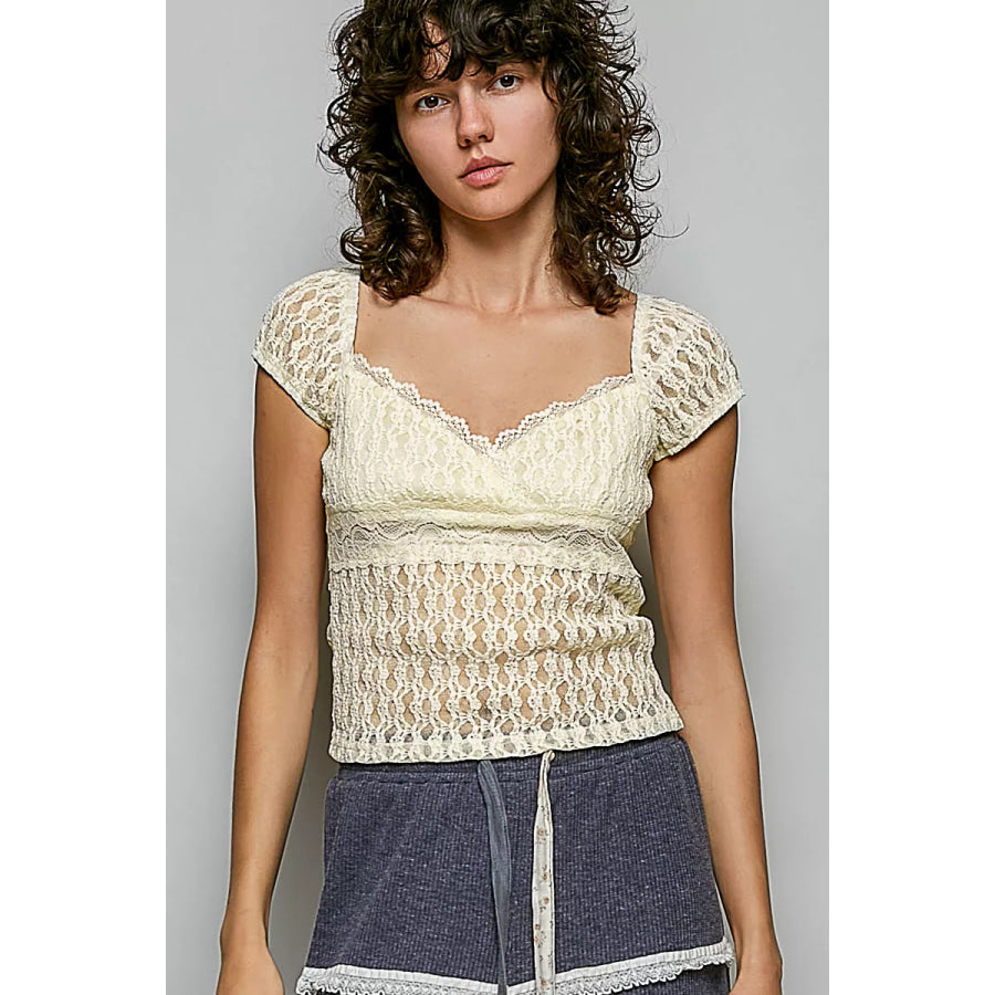POL Sweetheart Neck Lace Short Sleeve Top NATURAL / S Apparel and Accessories