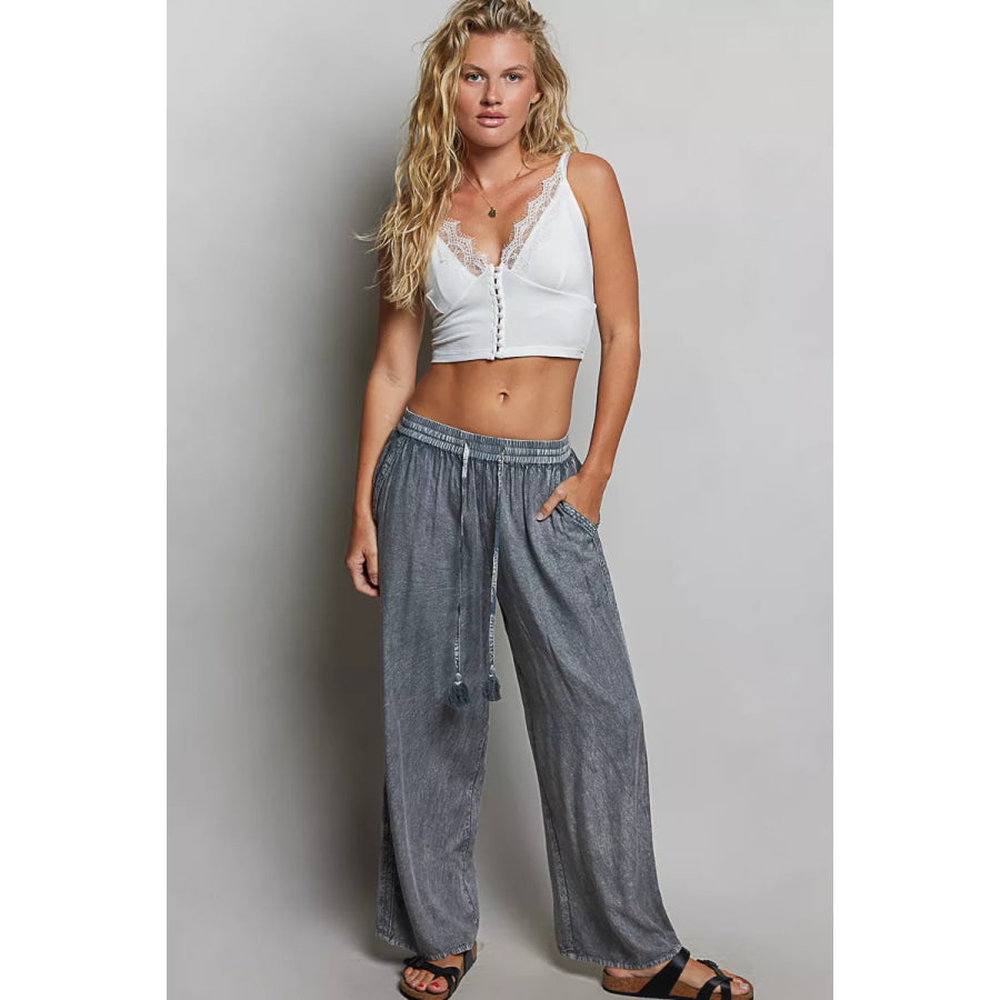 POL Tassel Drawstring Embroidered Wide Leg Woven Pants Apparel and Accessories