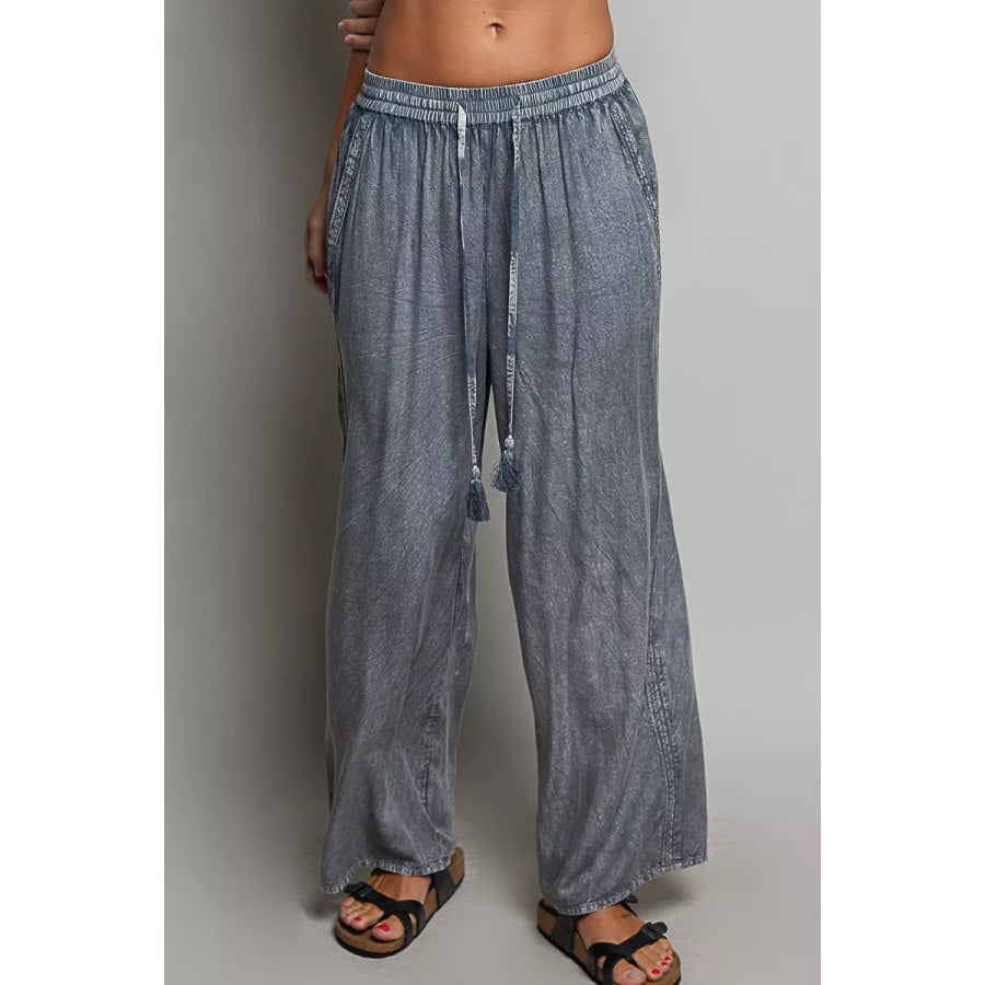 POL Tassel Drawstring Embroidered Wide Leg Woven Pants CHARCOAL / S Apparel and Accessories