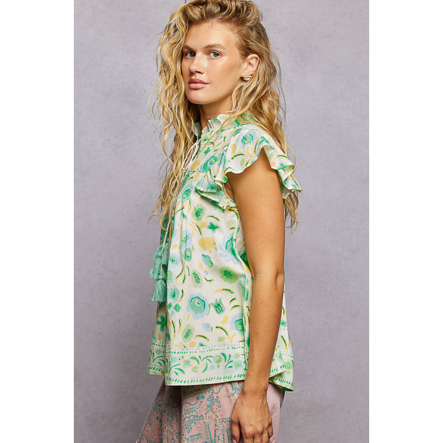 POL Tassel Tied Floral Flutter Sleeve Blouse Apparel and Accessories