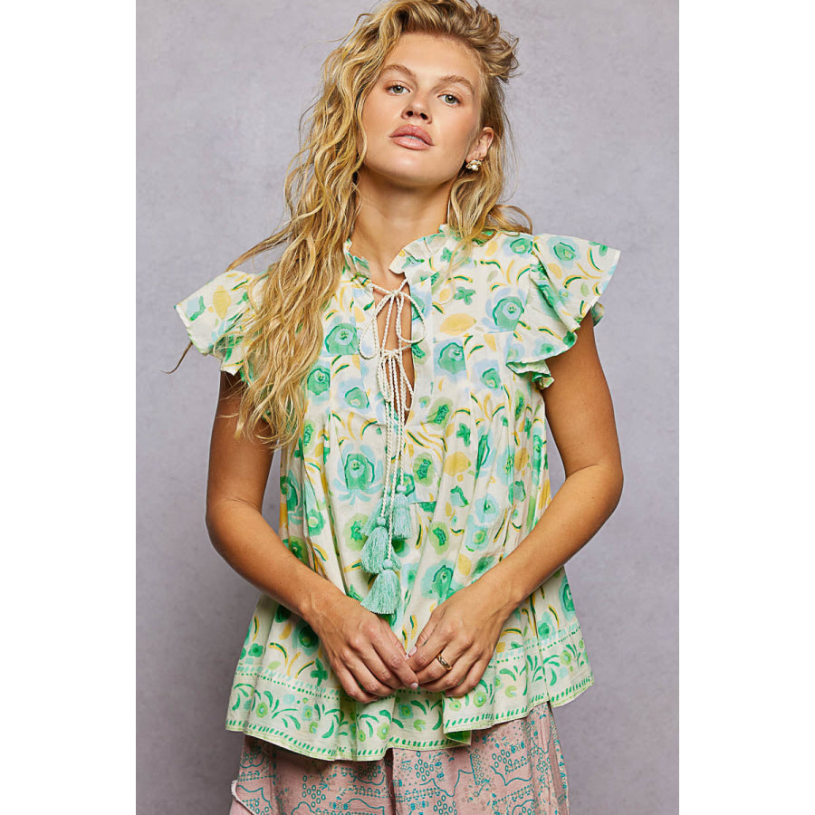 POL Tassel Tied Floral Flutter Sleeve Blouse MINT MULTI / S Apparel and Accessories
