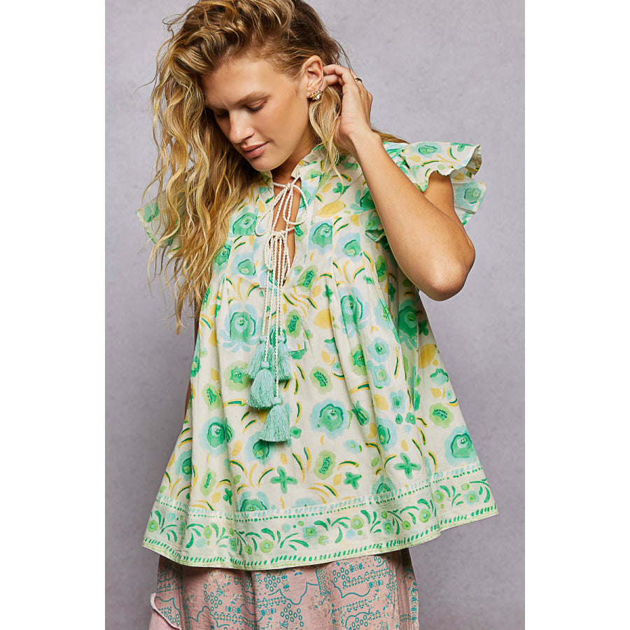 POL Tassel Tied Floral Flutter Sleeve Blouse MINT MULTI / S Apparel and Accessories