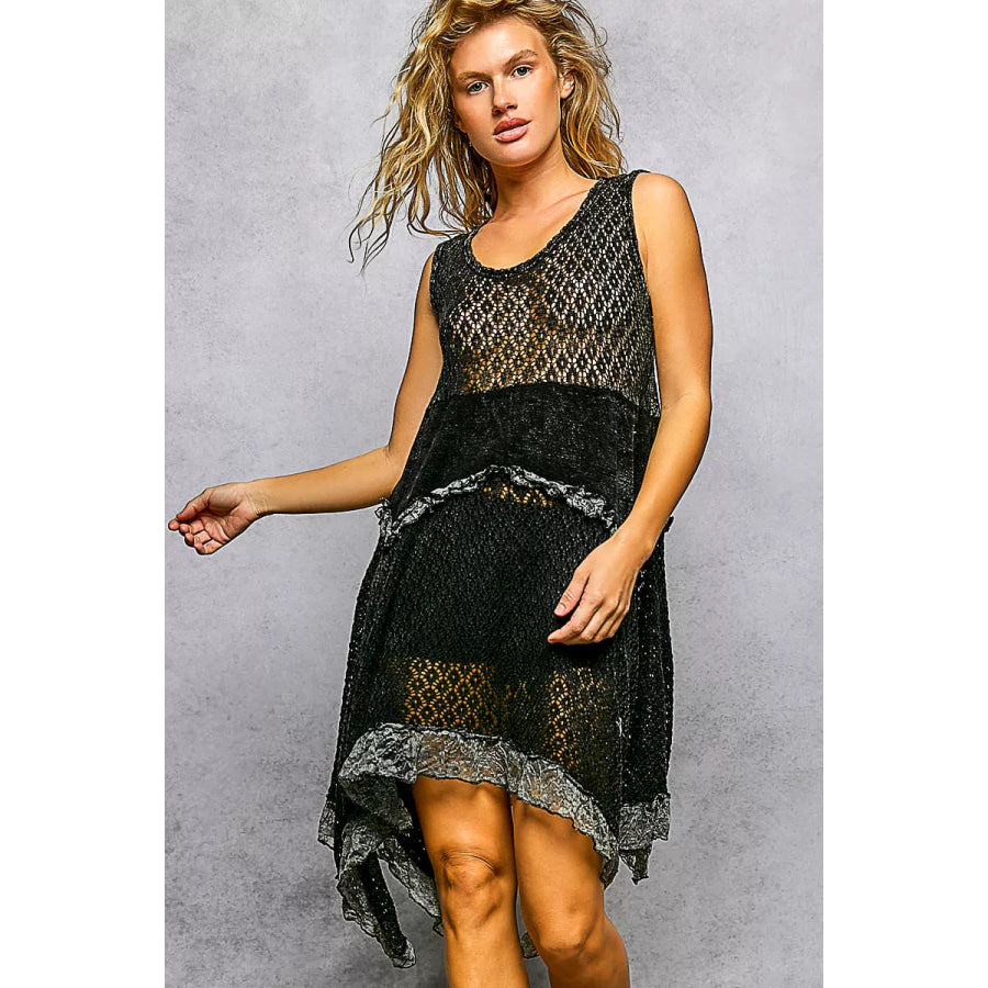 POL Texture Lace Ruffled Sleeveless Dress BLACK / S Apparel and Accessories