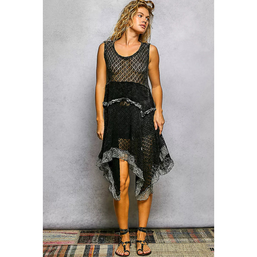 POL Texture Lace Ruffled Sleeveless Dress BLACK / S Apparel and Accessories