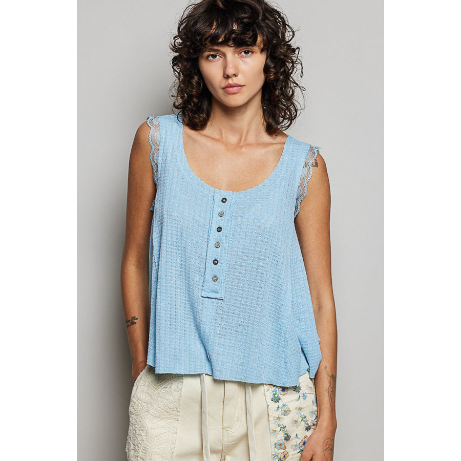 POL Textured Knit Round Neck Tank with Lace Detail SKY BLUE / S Apparel and Accessories