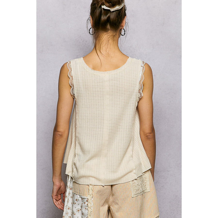 POL Textured Knit Round Neck Tank with Lace Detail Apparel and Accessories