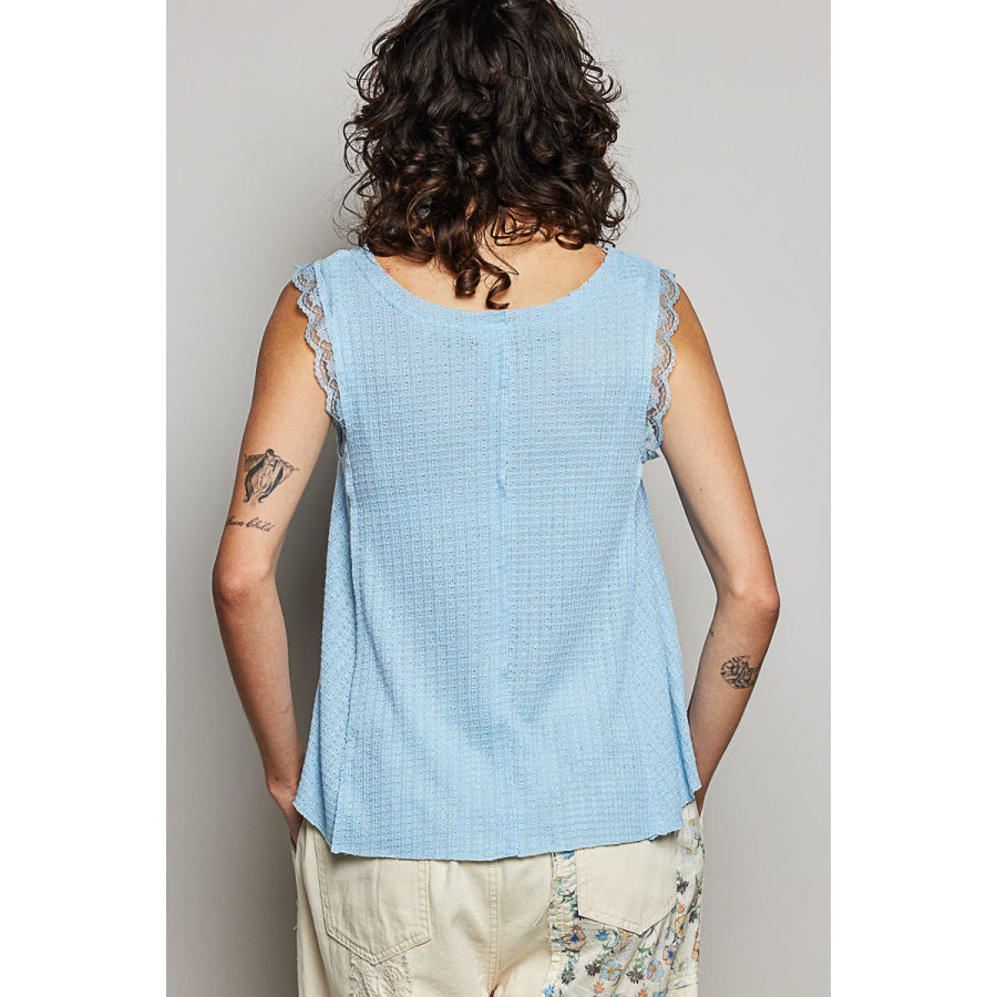 POL Textured Knit Round Neck Tank with Lace Detail Apparel and Accessories