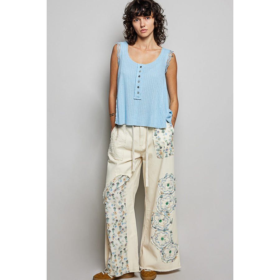 POL Textured Knit Round Neck Tank with Lace Detail Apparel and Accessories