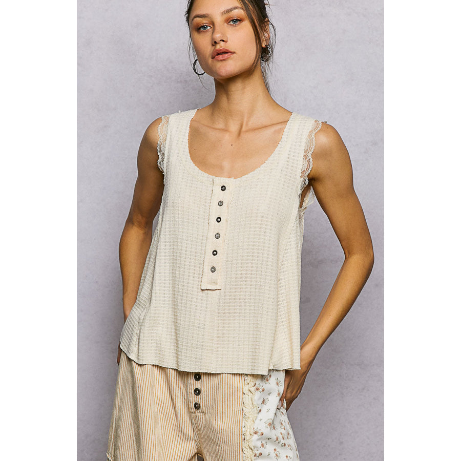 POL Textured Knit Round Neck Tank with Lace Detail VANILLA / S Apparel and Accessories