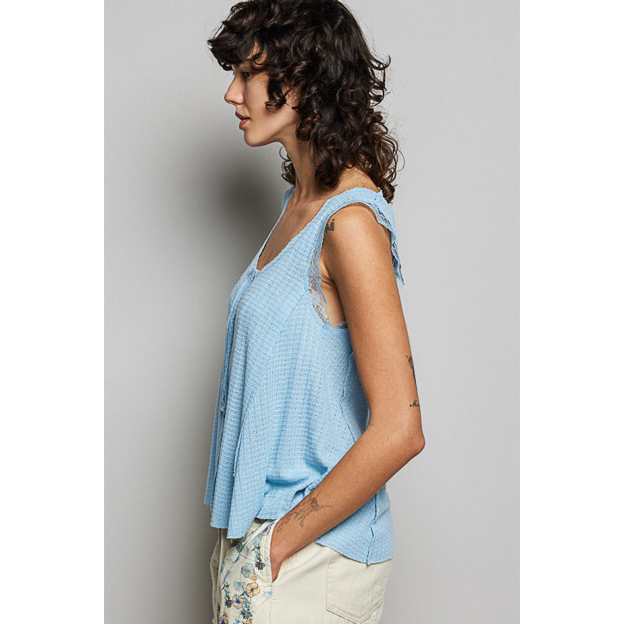 POL Textured Knit Round Neck Tank with Lace Detail Apparel and Accessories