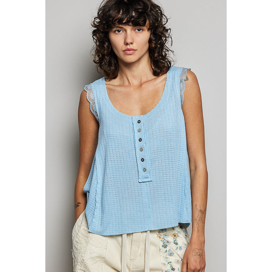 POL Textured Knit Round Neck Tank with Lace Detail SKY BLUE / S Apparel and Accessories