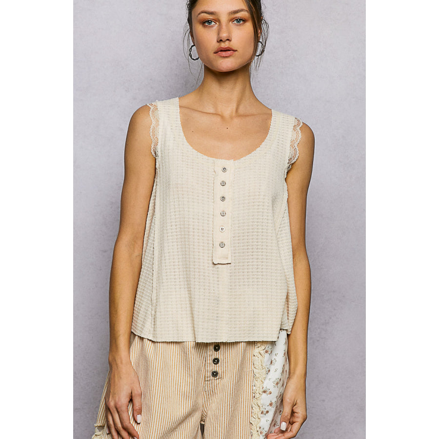 POL Textured Knit Round Neck Tank with Lace Detail VANILLA / S Apparel and Accessories