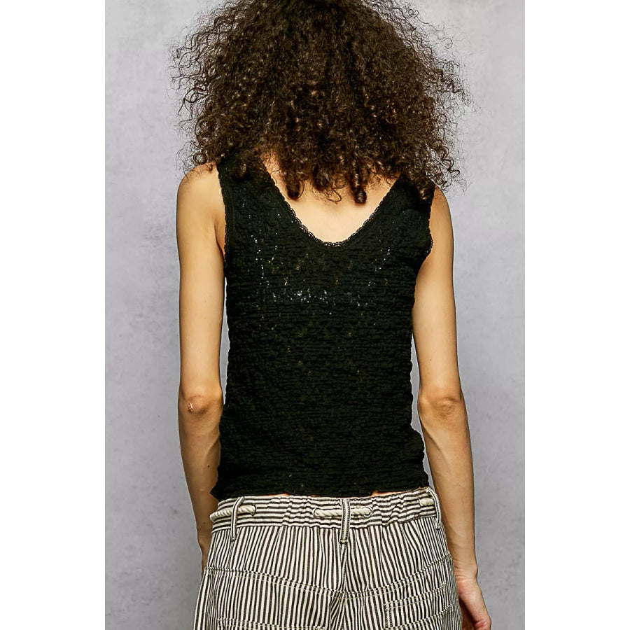 POL Textured Knit V-Neck Tank with Lace Trim Apparel and Accessories