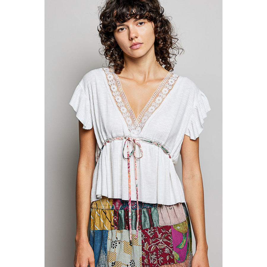 POL Tied Ruffled V-Neck Short Sleeve Blouse with Lace Detail OFF WHITE / S Apparel and Accessories