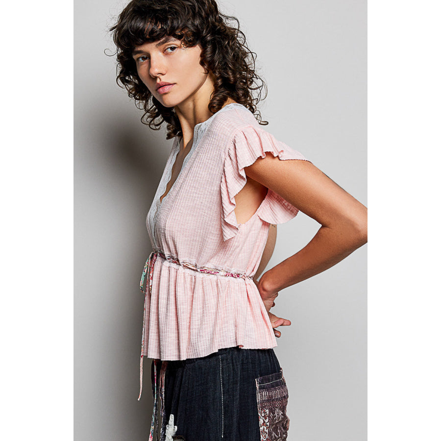 POL Tied Ruffled V-Neck Short Sleeve Blouse with Lace Detail Apparel and Accessories