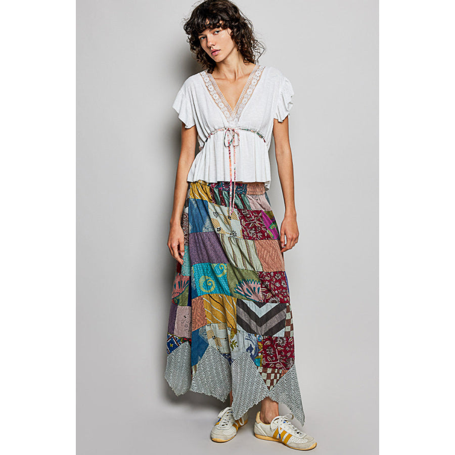 POL Tied Ruffled V-Neck Short Sleeve Blouse with Lace Detail Apparel and Accessories