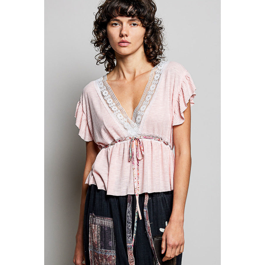 POL Tied Ruffled V-Neck Short Sleeve Blouse with Lace Detail BLUSH / S Apparel and Accessories