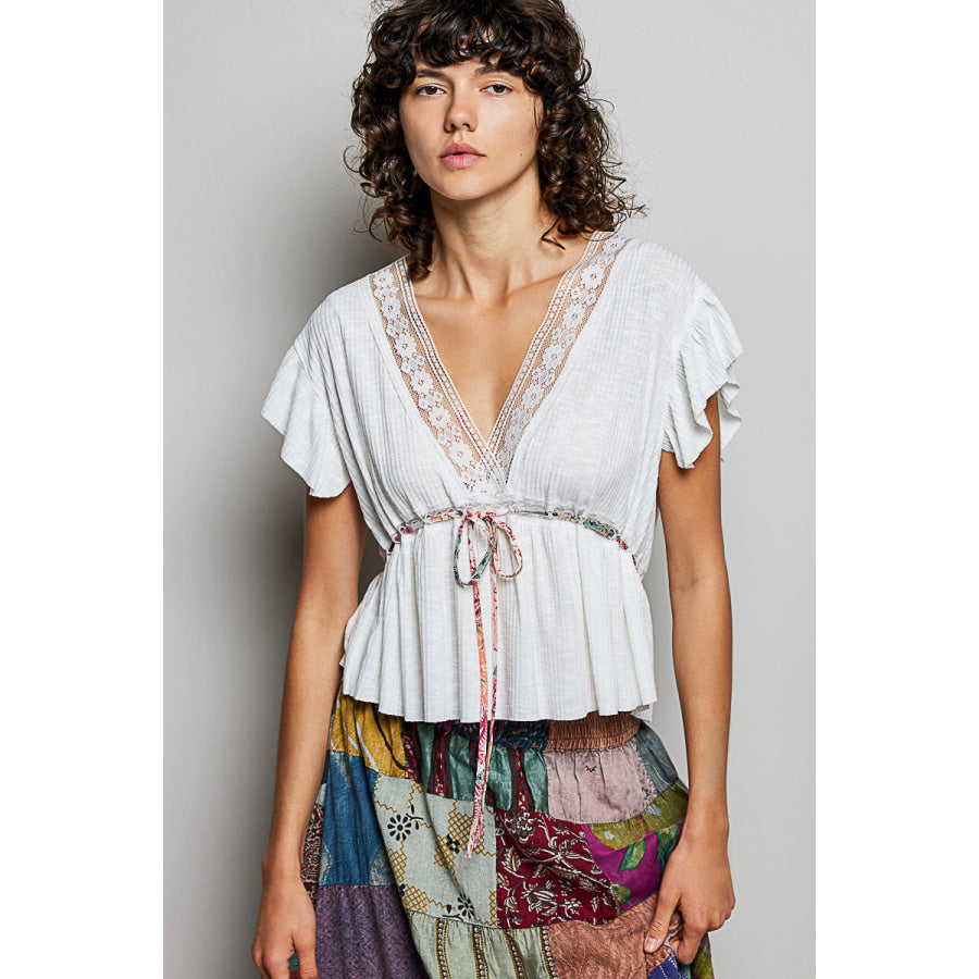 POL Tied Ruffled V-Neck Short Sleeve Blouse with Lace Detail OFF WHITE / S Apparel and Accessories
