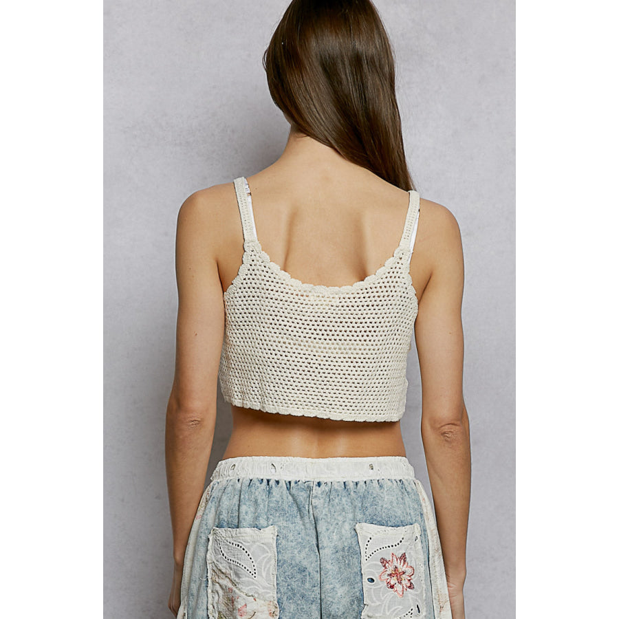 POL U-Neck Cropped Crochet Cami with Floral Embroidery Detail IVORY MULTI / One Size Apparel and Accessories