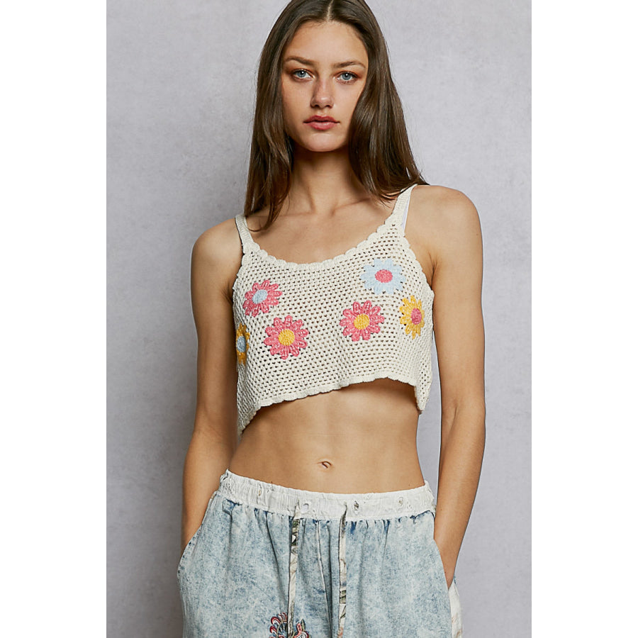 POL U-Neck Cropped Crochet Cami with Floral Embroidery Detail IVORY MULTI / One Size Apparel and Accessories