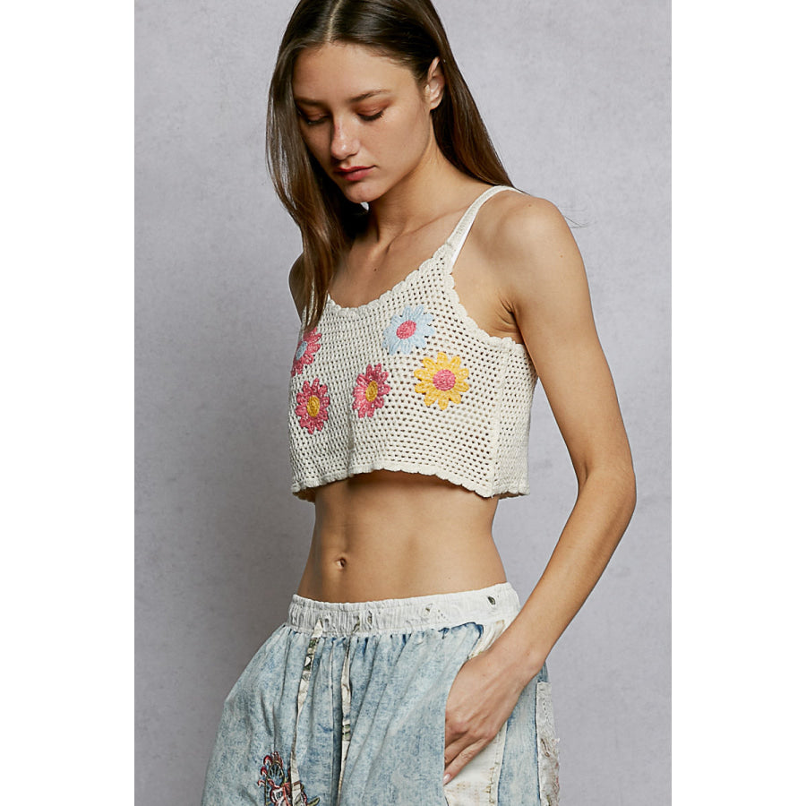 POL U-Neck Cropped Crochet Cami with Floral Embroidery Detail IVORY MULTI / One Size Apparel and Accessories
