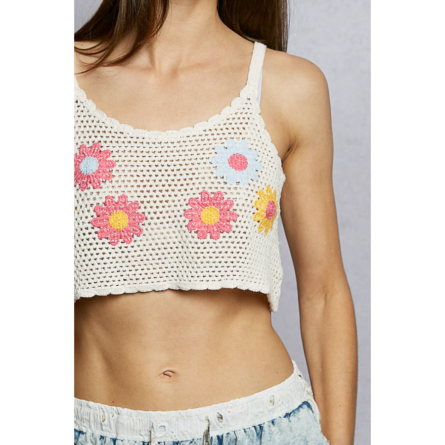 POL U-Neck Cropped Crochet Cami with Floral Embroidery Detail IVORY MULTI / One Size Apparel and Accessories