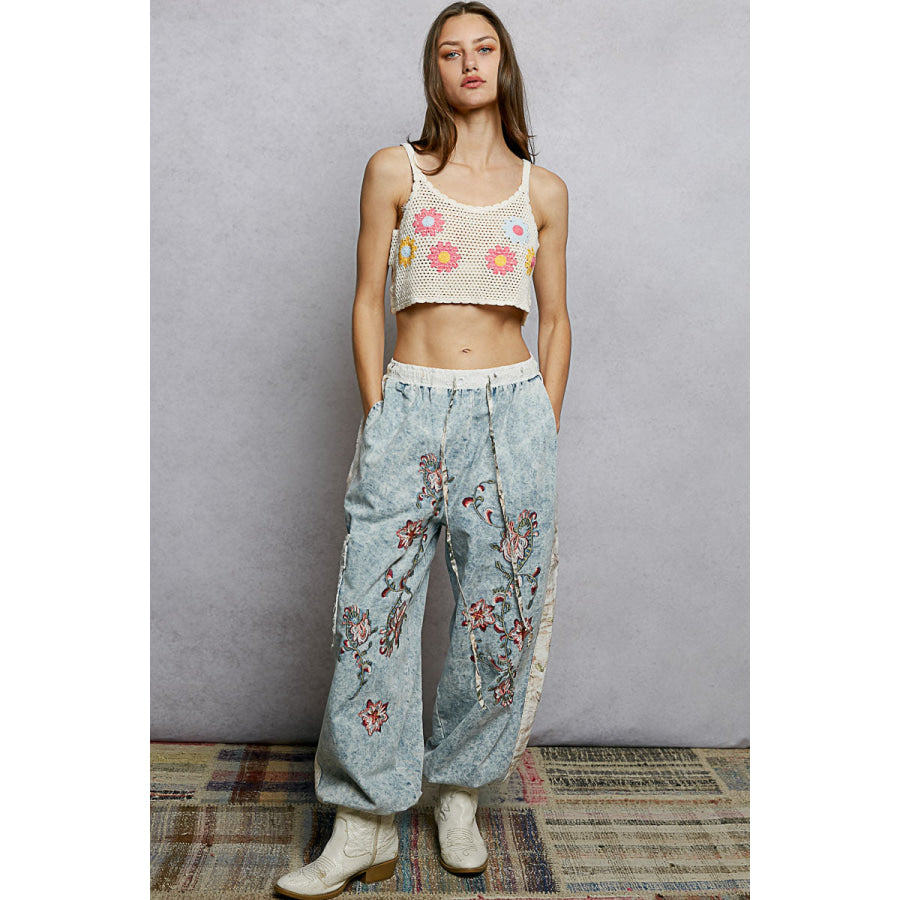 POL U-Neck Cropped Crochet Cami with Floral Embroidery Detail IVORY MULTI / One Size Apparel and Accessories