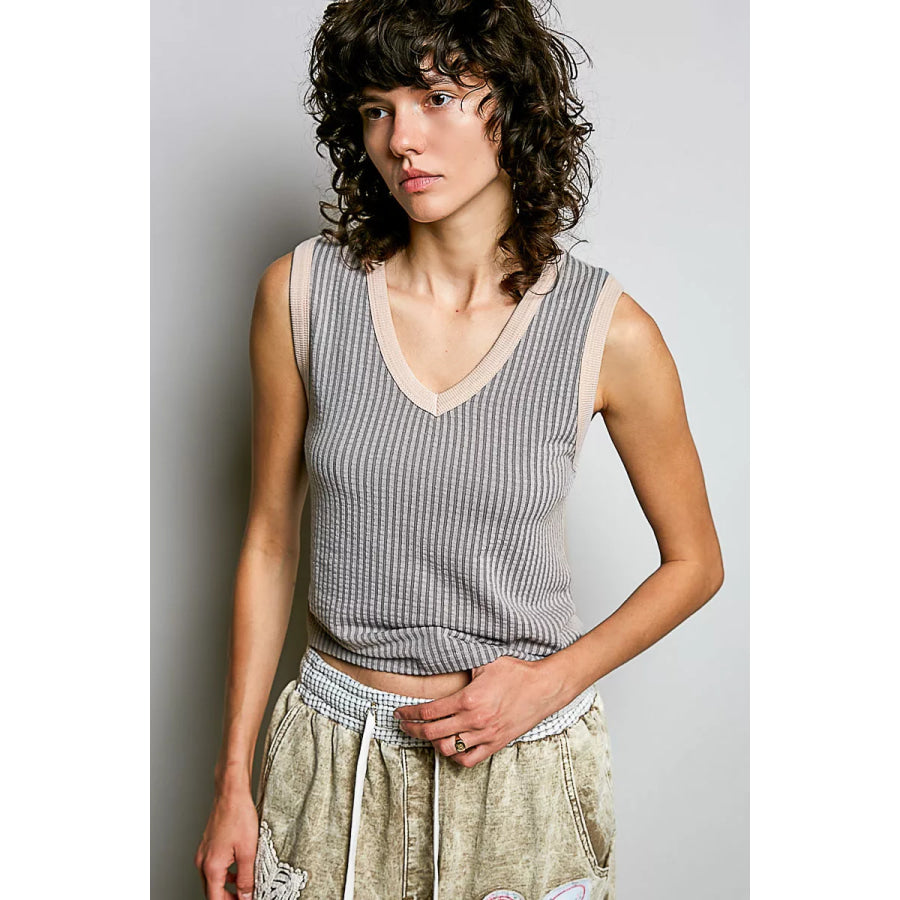 POL V-Neck Contrast Ribbed Sleeveless Tank LIGHT GREY / S Apparel and Accessories