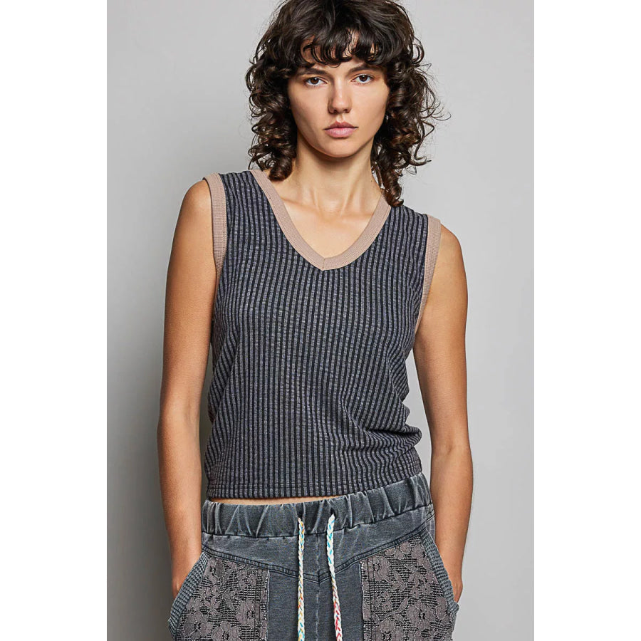 POL V-Neck Contrast Ribbed Sleeveless Tank Apparel and Accessories