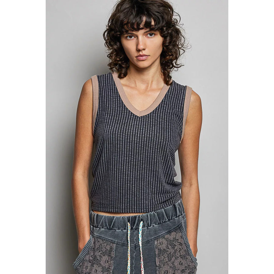 POL V-Neck Contrast Ribbed Sleeveless Tank BLACK / S Apparel and Accessories