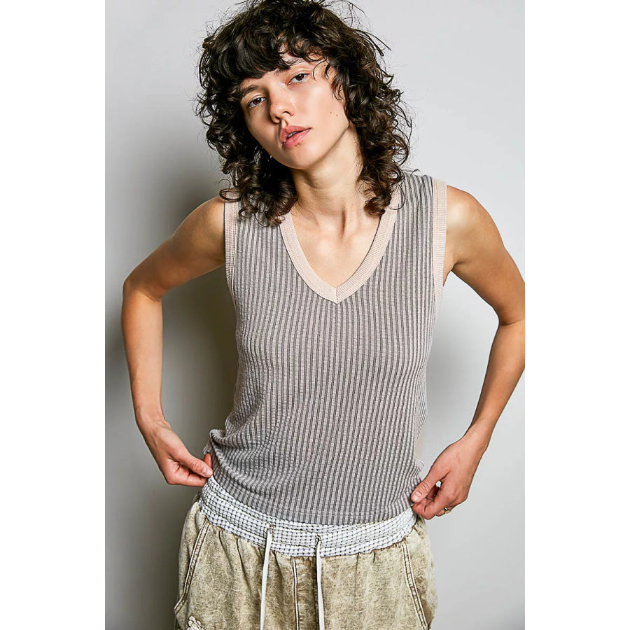 POL V-Neck Contrast Ribbed Sleeveless Tank LIGHT GREY / S Apparel and Accessories