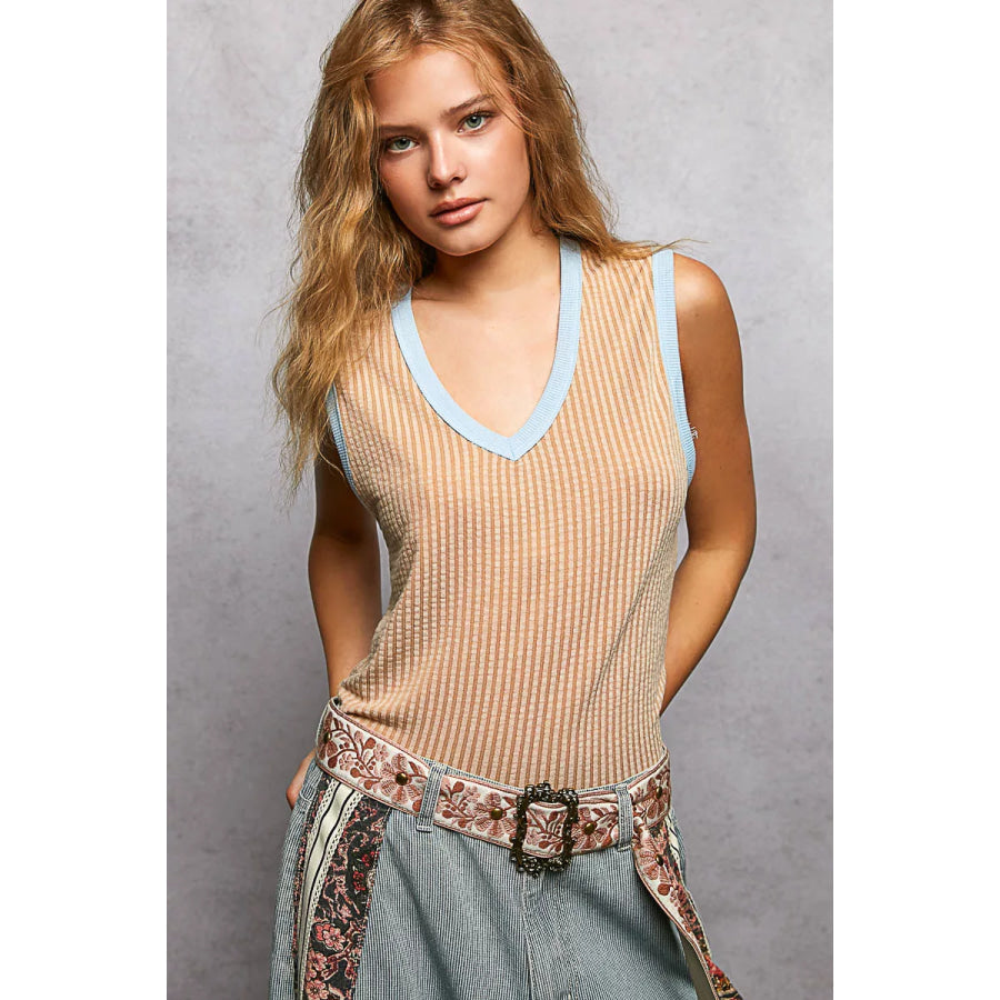 POL V-Neck Contrast Ribbed Sleeveless Tank MOCHA / S Apparel and Accessories