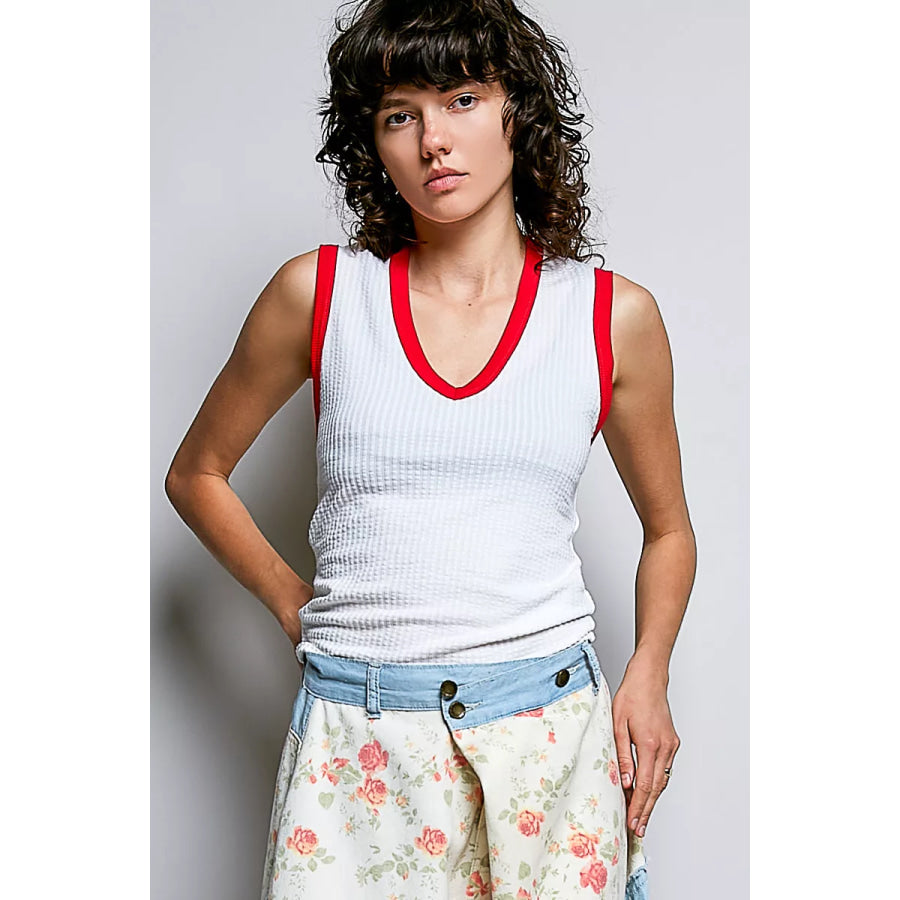 POL V-Neck Contrast Ribbed Sleeveless Tank OFF WHITE / S Apparel and Accessories