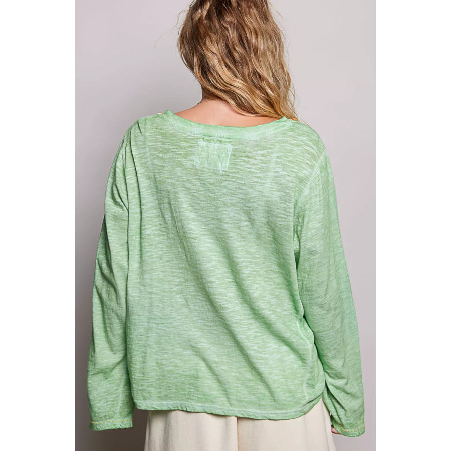 POL V-Neck Contrast Stitch Lightweight Knit Long Sleeve Top Apparel and Accessories