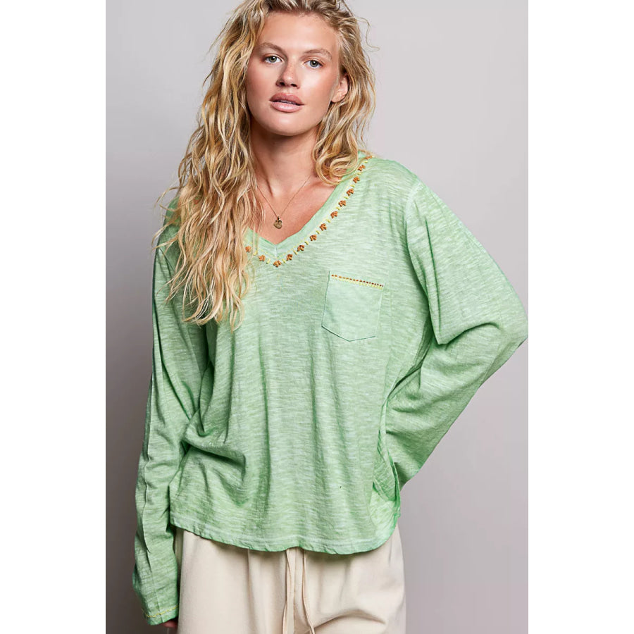 POL V-Neck Contrast Stitch Lightweight Knit Long Sleeve Top Apparel and Accessories