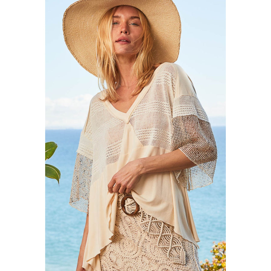 POL V - Neck Crochet Patch Knit Top Cream / S Apparel and Accessories