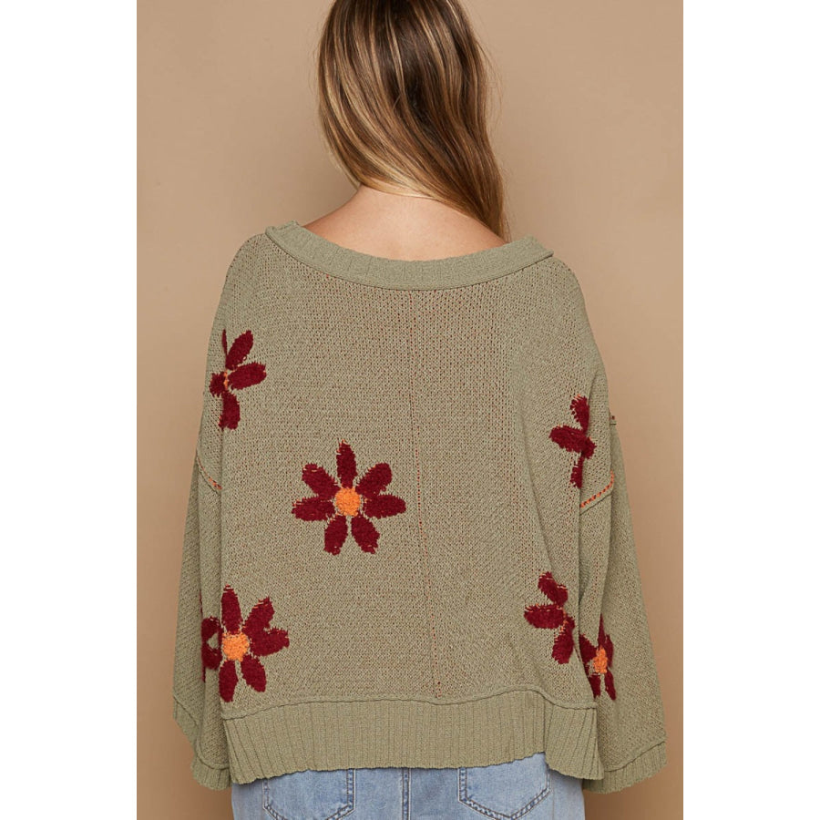 POL V-Neck Floral Pattern Chenille Sweater Apparel and Accessories