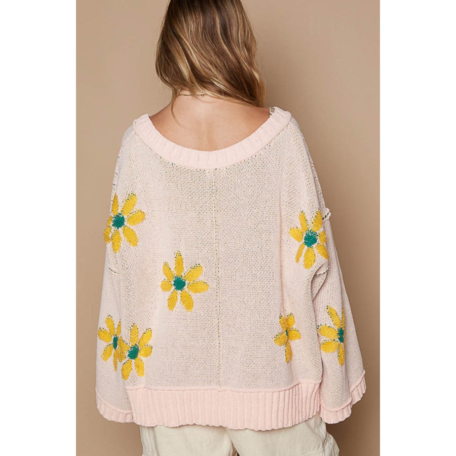 POL V-Neck Floral Pattern Chenille Sweater Apparel and Accessories