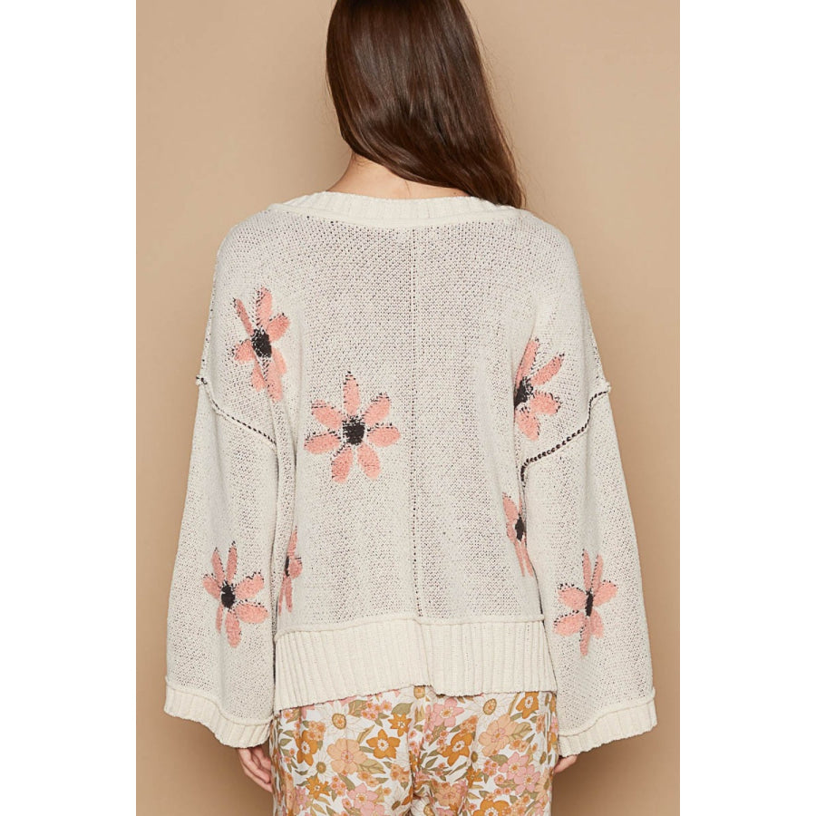 POL V-Neck Floral Pattern Chenille Sweater Apparel and Accessories