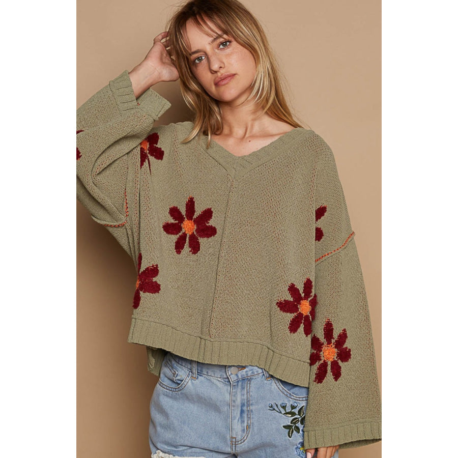 POL V-Neck Floral Pattern Chenille Sweater Apparel and Accessories