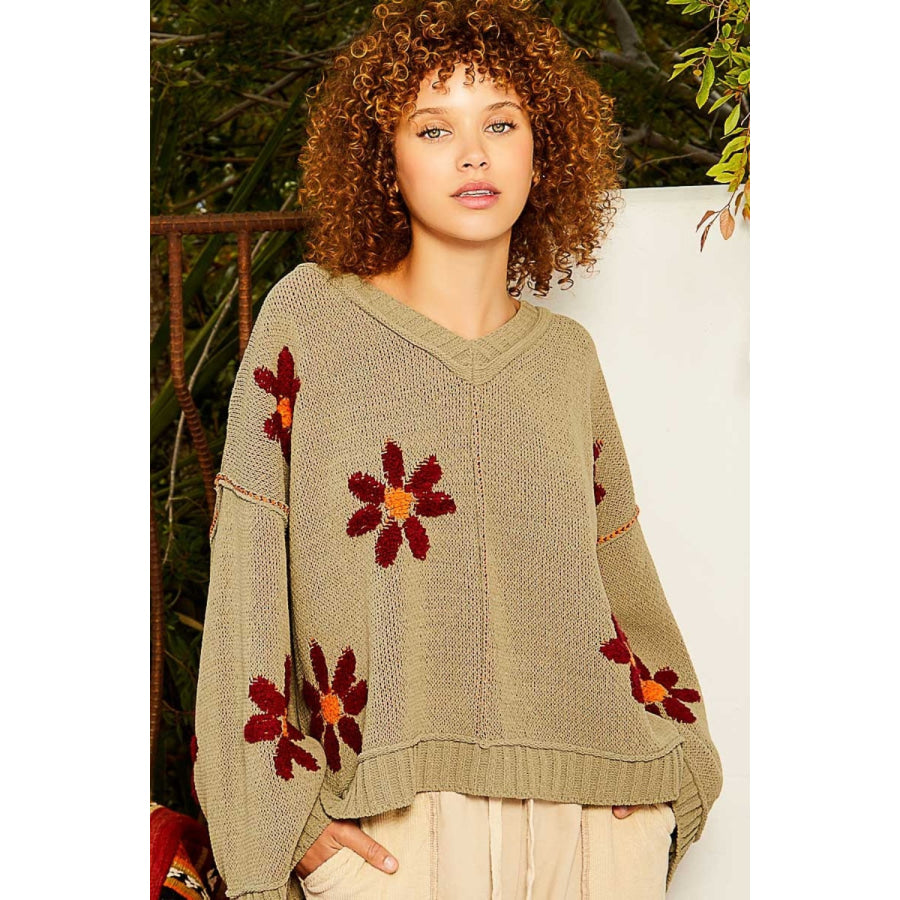 POL V-Neck Floral Pattern Chenille Sweater Olive / S Apparel and Accessories