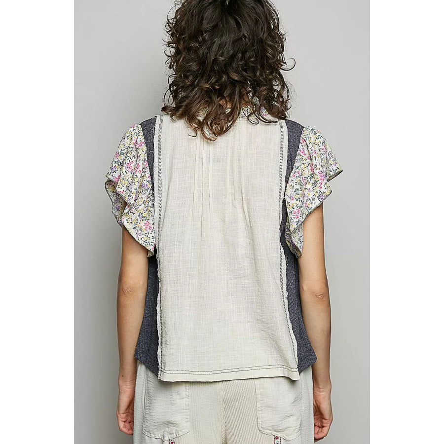 POL V-Neck Floral Ruffle Sleeve Blouse Apparel and Accessories