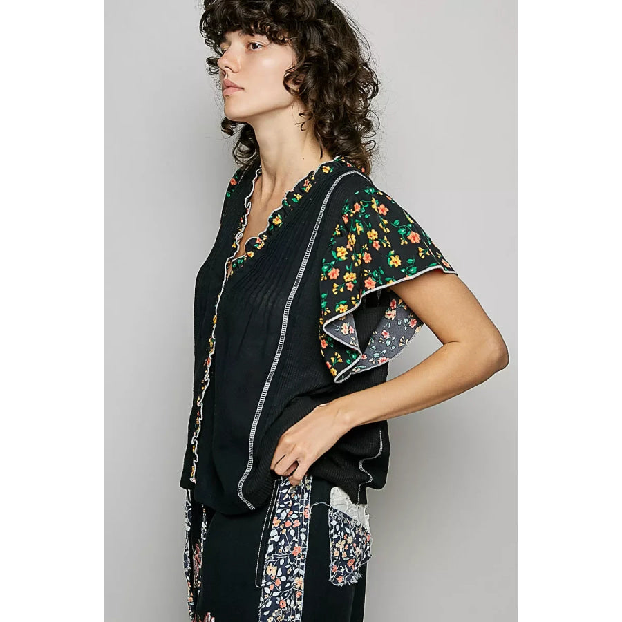 POL V-Neck Floral Ruffle Sleeve Blouse Apparel and Accessories