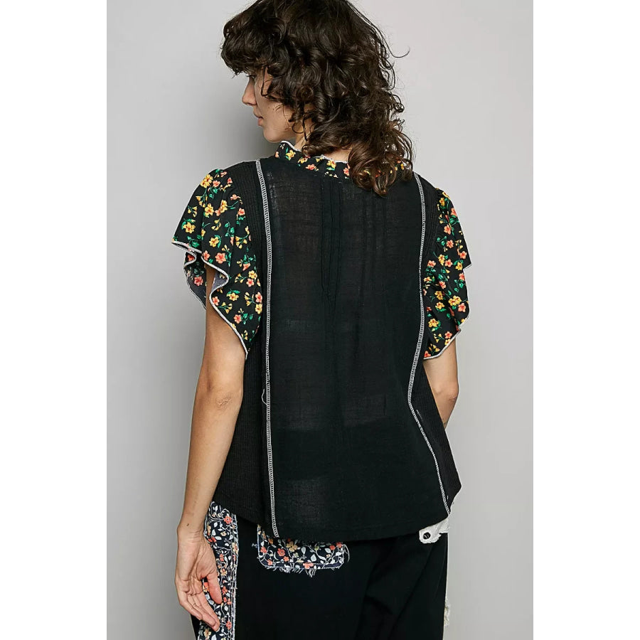 POL V-Neck Floral Ruffle Sleeve Blouse Apparel and Accessories